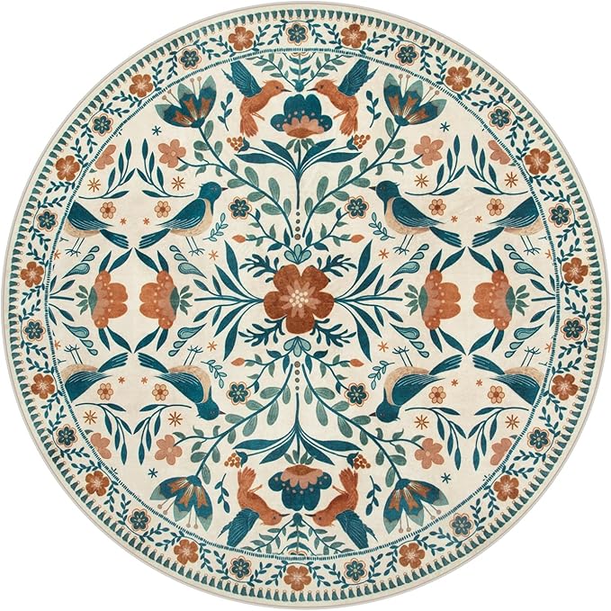 Moynesa Boho Bird Round Rug 6ft, Machine Washable Circle Area Rug for Living Room Ultra Thin Soft Large 6'x6' Bedroom Carpet for Office Kitchen Dining Room Under Table, Indoor, Easy Clean, Beige