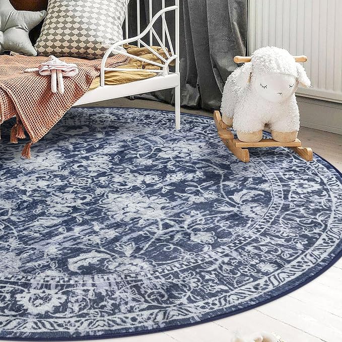 KILOCOCO Area Rug 5ft Round Living Room Rug Washable Printed Vintage Floral