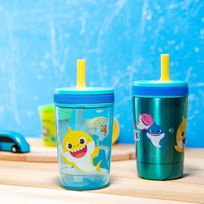 Zak Designs Baby Shark Kelso Tumbler Set, Leak-Proof Screw-On Lid with Straw, Bundle for Kids Includes Plastic and Stainless Steel Cups with Bonus Sipper (3pc Set, Non-BPA)15 fl oz.