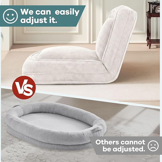 Human Dog Bed for Adults & Pets, 5-Position Adjustable Floor Chair, Convertible Lazy Sofa Bed with Metal Frame & 2 Pillows, Plush Gaming Lounge for Living Room Bedroom Office (White)