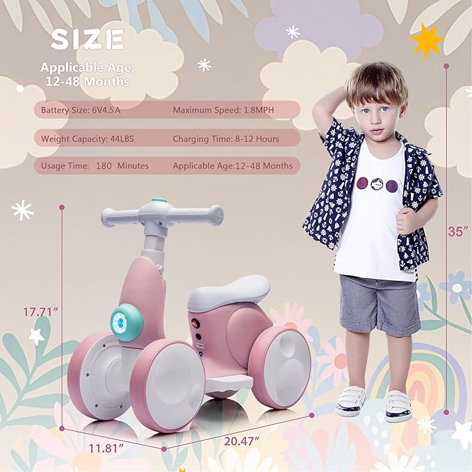 6V Electric Baby Balance Bike for 1 Year Old Boys Girls Ride on Toys 12-48 Months Toddler Balance Bike, 4 Wheels Kids First Bike with Remote Control First Birthday Gifts- Pink