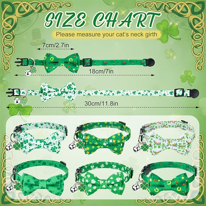 Hsei 6 Pcs St. Patrick's Day Cat Collar Bulk with Bow Tie Bell Irish Lucky Shamrocks Clover Green Hats Rainbows Kitten Adjustable Breakaway Bowtie Collar for Cats Small Dog Holiday Party Favors Gifts