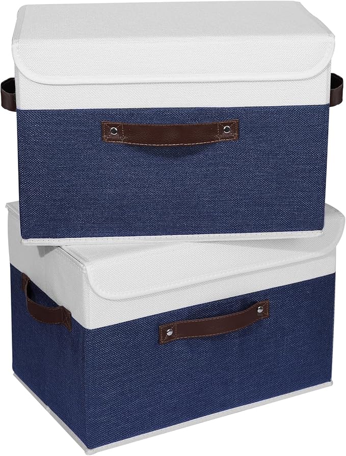 ANMINY 2PCS Storage Boxes with Lid Washable Decorative Storage Bin Basket with PU Leather Handle Foldable Linen Fabric Storage Cube Container for Home Closet Organizer - Deep Blue White, Large Size