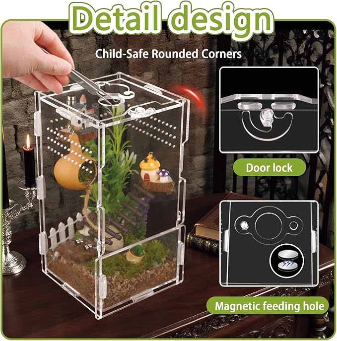 4x4x8 Inch Acrylic Reptile Terrarium，Front Opening Tarantula Enclosure with Swivel Lock & Magnetic Feeding Door，Small Spider Cage for Jumping Spider、Scorpion、Isopods、Snails