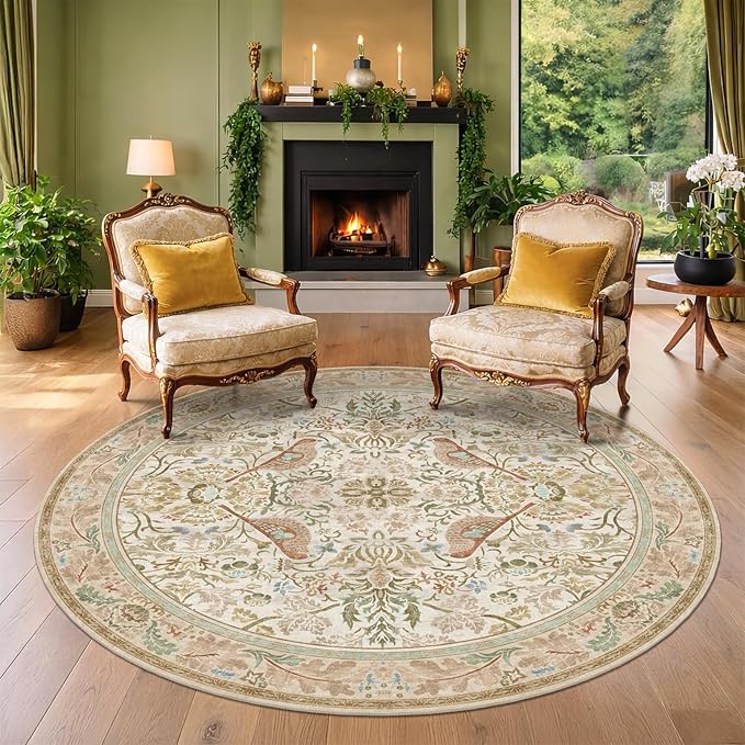 Vintage Beige 8ft Round Rug for Dining Room Under Kitchen Table