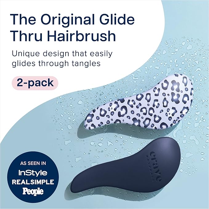 Crave Naturals Glide Thru Detangling Hair Brush for Adults and Kids - Detangler Hairbrush for Curly or Straight, Wet or Dry Hair - Gentle on Tangles Comb - Navy Blue and Blue Cheetah (Pack of 2)