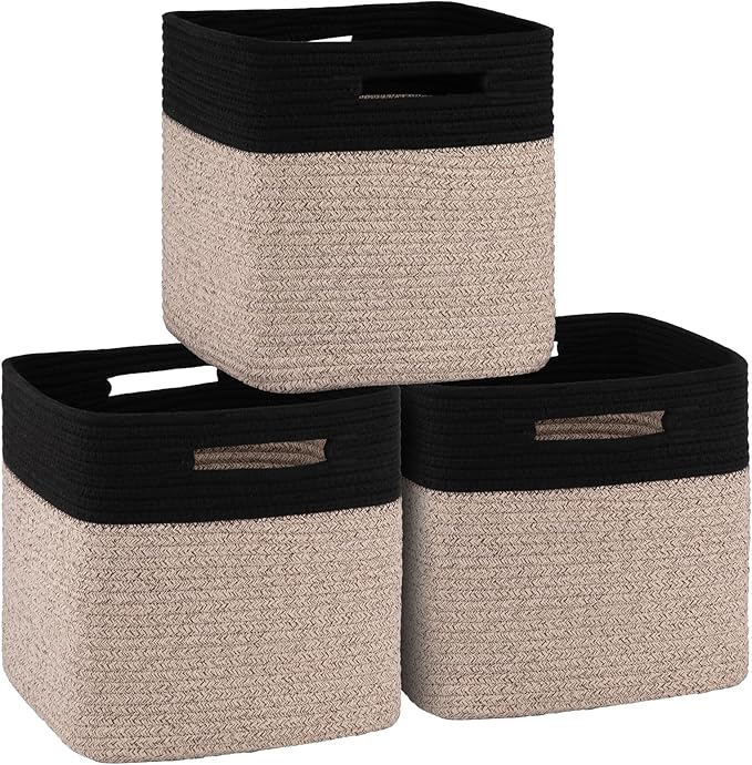 OIAHOMY Cube Storage Basket, 3-Pack Woven Cotton Rope Baskets for Storage, 11-Inch Cube Basket with Handles, Great for Shelves, Closets, Children's Toy Storage and Organization-Black & Brown