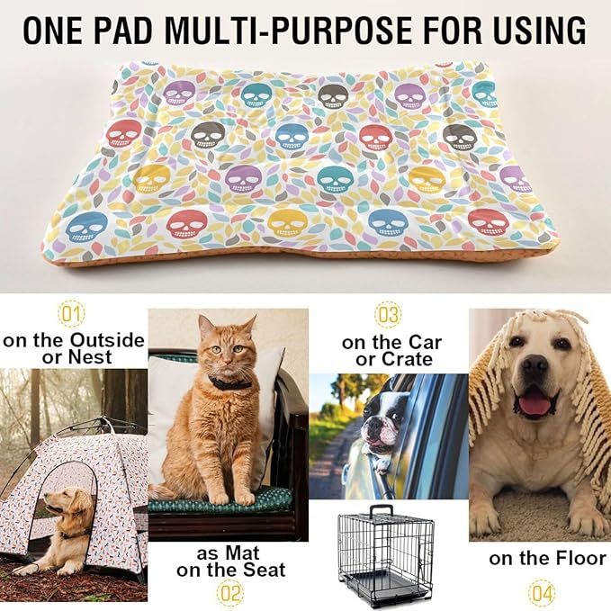 Skull Colorful Cartoon Pet Bed Cute Dog Bed Mat Absorbing Non Slip Pad Pet Sleeping Mat for Small, Medium, and Large Dogs Puppy Cat 24 in x 18 in