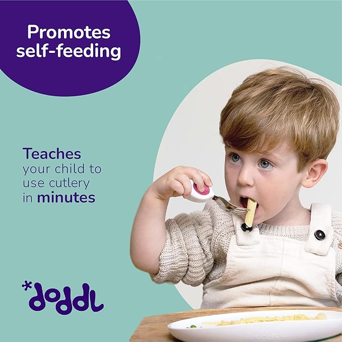 doddl Toddler Utensils, Ergonomic Fork Spoon and Knife Set for Self Feeding, Stainless Steel Silverware for 1-3 Year Olds, BPA Free, Dishwasher Safe (Magenta)