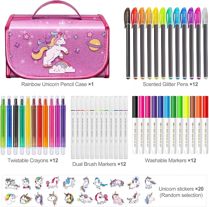 beefunni Unicorn Washable Markers Set 48 pcs with Glitte Pencil Case, Art Supplies for Kids Ages 4-6-8, Arts Crafts Coloring Set with Stickers - Birthday Gifts for Girls 4 5 6 7 8 9 Year Old