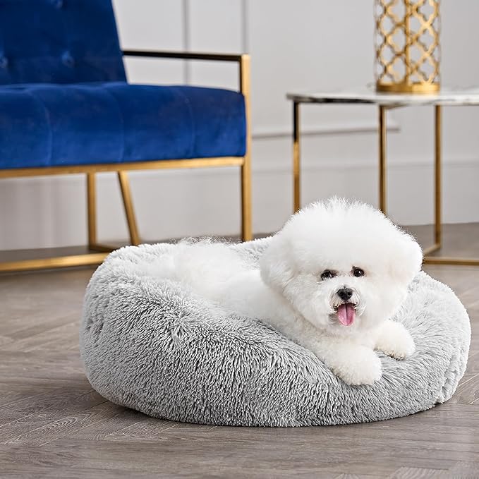 Juicy Couture Devon Faux Fur Large Gray Round Pet Bed for Dogs and Cats