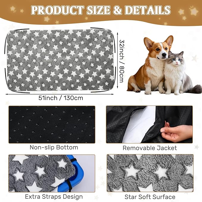Large Self Warming Dog Bed Pad for Elevated Dog Bed Replacement Self Heating Warm Raised Cot Pad Mat with Corner Strap Removable Washable Soft Plush Cover Non-Slip Bottom Star(51 x 32 Inches)