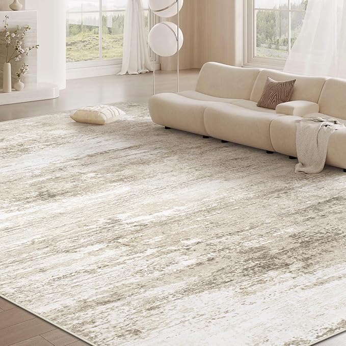 Washable Rug 9x12 Area Rugs for Living Room: Large Neutral Soft Rug Abstract Non Slip Low Pile Modern Carpet for Bedroom Kitchen Nursery Office Dining Room Indoor (Beige, 9'x12')