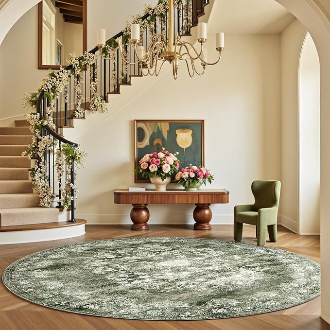 jinchan Round Rug 8ft Area Rug - Green Vintage Floor Mat Kitchen Indoor - Washable Circle 8' Thin Floral Print Carpet Retro Farmhouse Non Slip Dining Room Living Room Bedroom Office