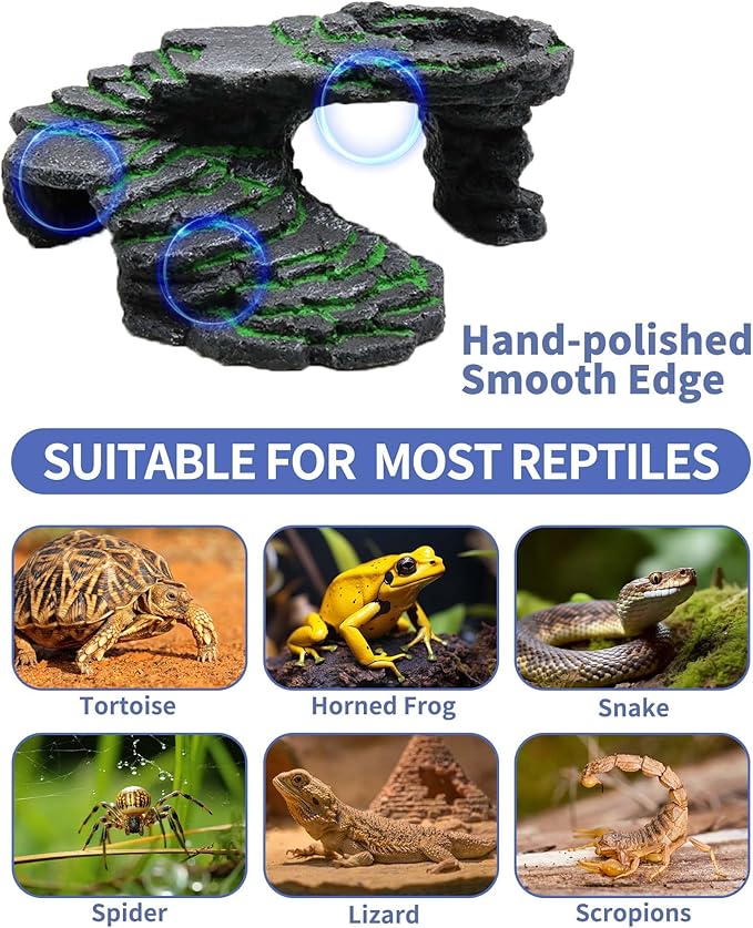 Turtle Basking Platform Kit, Reptile Habitat Hideout, Decorative Resin for Aquarium & Terrarium, Including Artificial Plant and Cleaning Brush. (B-Medium-Black)