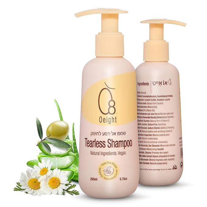 Oeight Tearless Baby Shampoo, Hypoallergenic & Dermatologically Tested Baby Shampoo, 100% Natural Active Ingredients with Chamomile, Parabens & SLS Free, Fragrance Free, for Sensitive Scalp, 200 ml