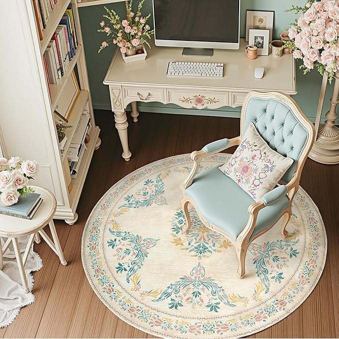 jinchan Round Rug 5ft Area Rugs Vintage Floral Distressed Design,Machine Washable Soft Non-Slip Low-Pile Ultra-Thin Circle Rug for Entryway Living Room Dining Room Bedroom (5' Round,Apricot Multi)