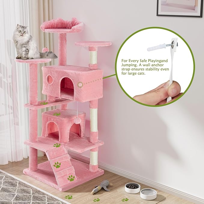 54 Inches Cat Tree Tower Condo, Cat Tower for Indoor Cats, Multi-Level Furniture Activity Center with Wide Base, Cozy Plush Cat Perches, Detachable Toy, Pink