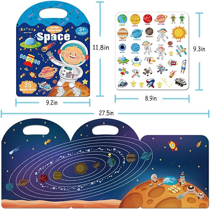 Reusable Sticker Books for Kids, Jelly Quiet Book, Preschool Learning Activities Busy Book for Toddler Travel Toys Waterproof Stickers for Kids 2 3 4 5 6 Year Old Girls Boys (Space)