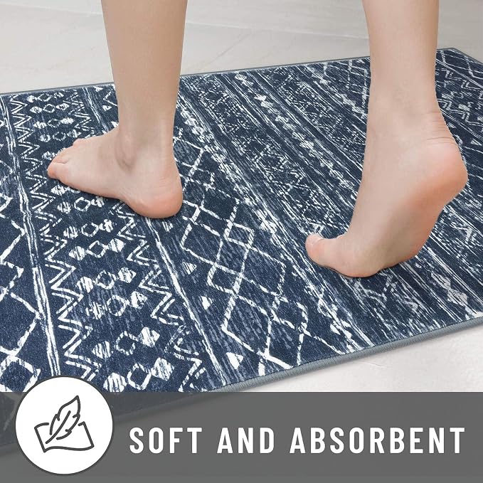 KUTA Moroccan Washable Runner Rug, 2x7 Non-Slip Vintage Navy Blue Boho Hallway