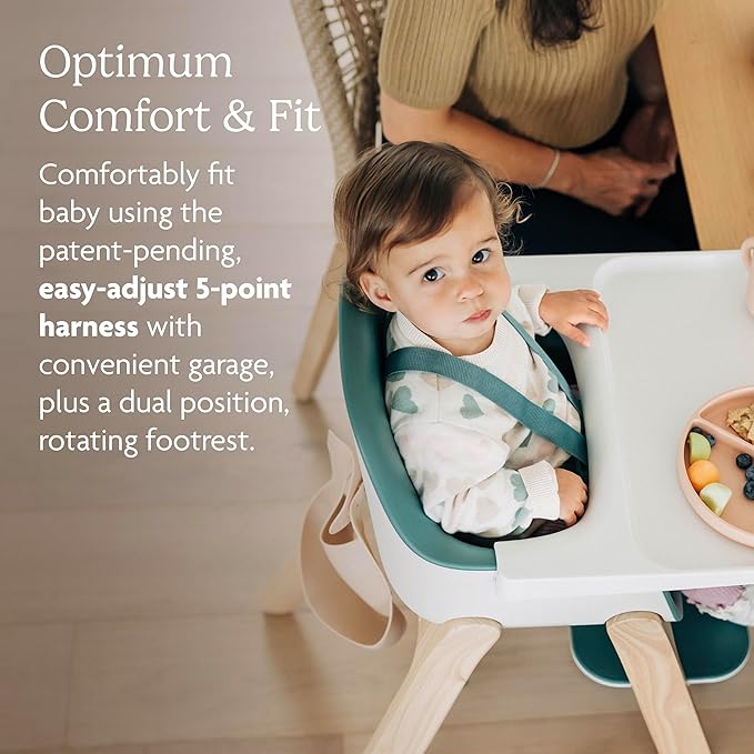 UPPAbaby Ciro High Chair/Sleek, Easy-to-Clean Design/Perfect-Fit Tray to Bring Baby to Table/Patent-Pending Harness/Dual-Position, 180-Degree Rotating Footrest/Caleb (Steel Blue/Rubberwood)