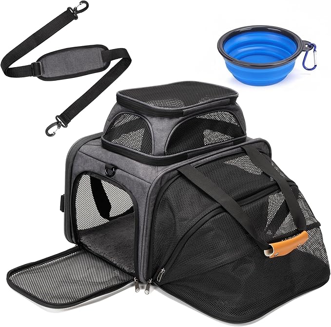 Expandable Pet Carrier Bag - Airline-Approved, Breathable Mesh, Secure Zippers, Padded Handle & Multi-Pockets (Light Grey)