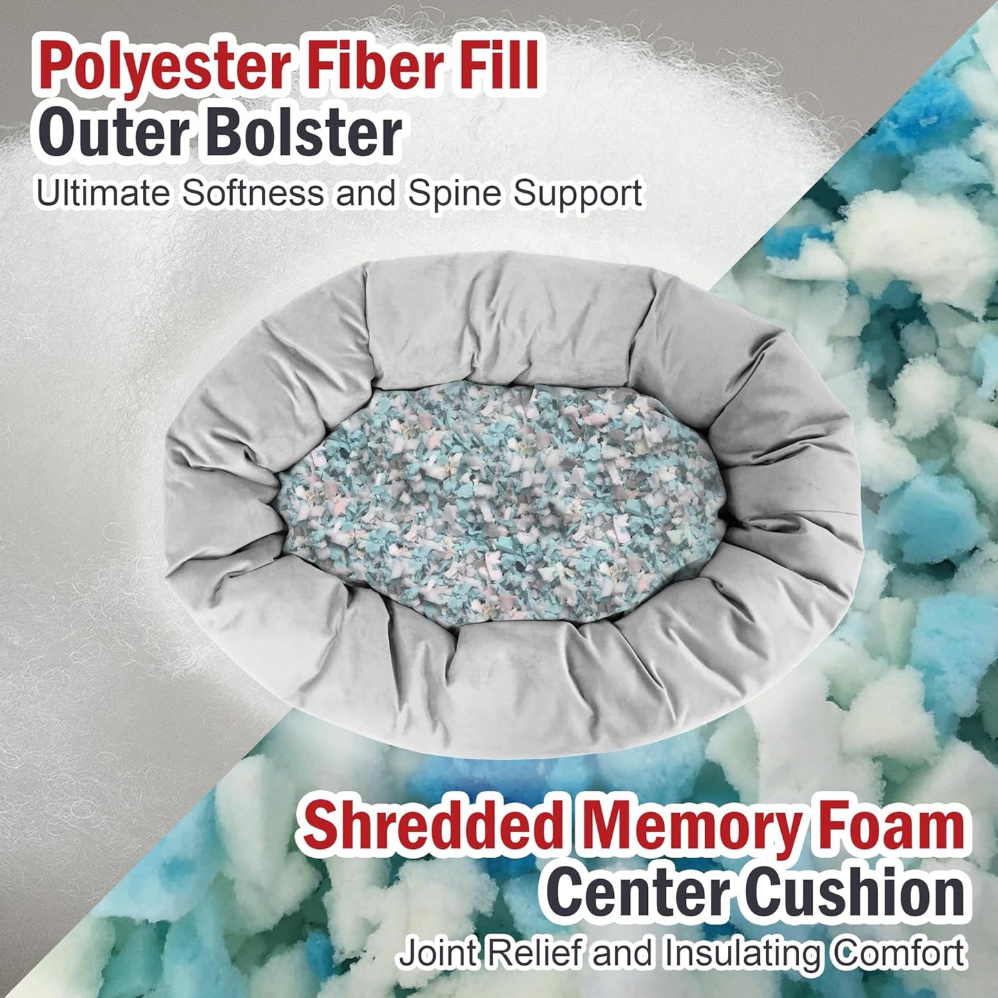 Majestic Pet 40 Inch Suede Shredded Memory Foam Mix Calming Large Dog Bed Washable 40 x 29 x 9 (Inch) - Cozy Soft Round Donut Dog Bed with Spine for Head Support - Pet Bed Stone