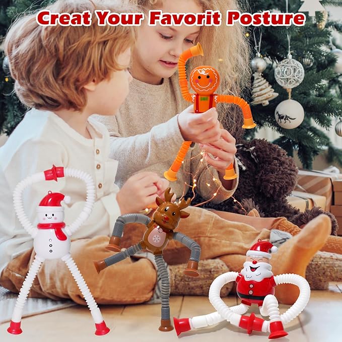 Christmas LED Pop Tubes Light Up 4 Pcs Sensory Fidget Toys, Telescopic Suction Cup Santa Toys Autism Christmas Party Favors Game Prizes Goody Bags Stocking Stuffers Treats for Kids 3+ (Christmas)