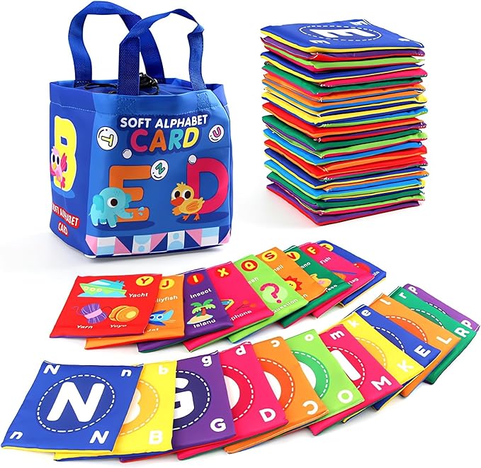 Early Childhood Enlightenment 26 Pieces Toddler Soft Alphabet ABC Letter Number Flash Cards Baby Cloth Bath Book Infant Crinkle First Toys Sensory Learning Flashcards (Letter)