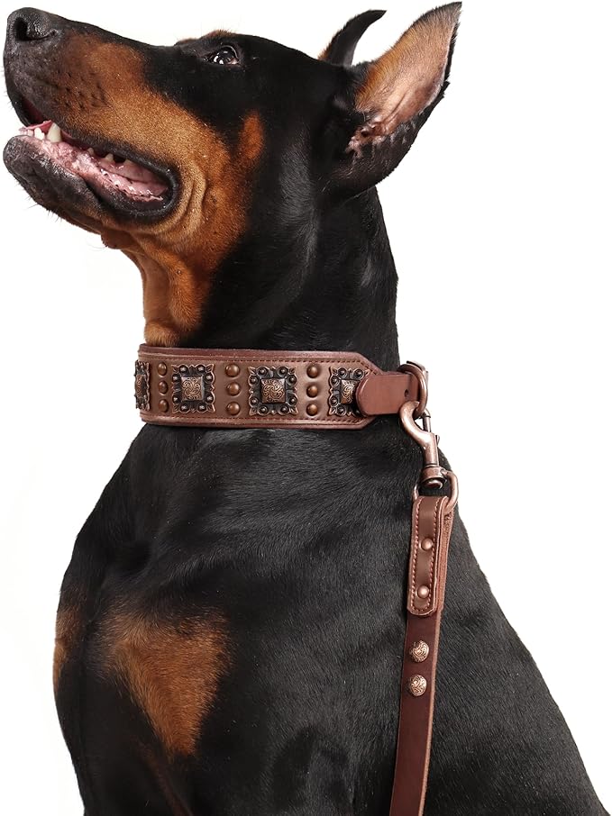 PET ARTIST Soft Padded Leather Dog Collar, 2 inch Wide Genuine Leather Dog Collars with Stylish Studded Rivet & Metal Buckle, Luxury & Adjustable Pet Collars for Medium Dogs,Brown,Neck 16-19"