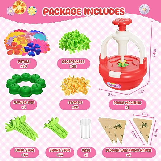 Einailvk Fabric Flower Bouquets Toys, DIY Flower Making Kit for Kids 3 4 5 6 7 8 9 10 11 12 Year Old Girl Birthday Christmas Gift, Art and Crafts Kit Toys for Girls 4-6 6-8 8-12 Year Old (RED)