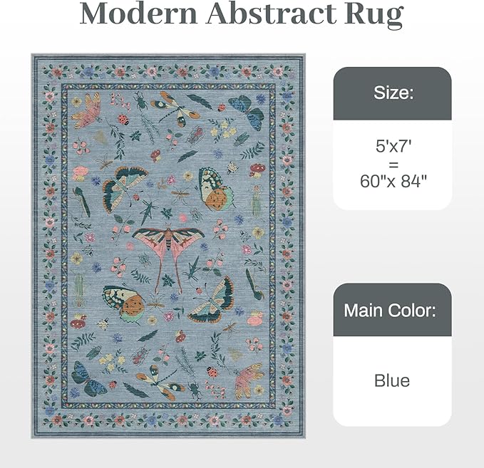5x7 Washable Area Rug with Insect Print - Bug Rug Non-Shedding Stain Resistant Soft Carpet for Bedroom, Low Pile Ultra-Thin Machine Washable Carpet for Dining Room, Kids Nursery, Office (5'x7' Blue)