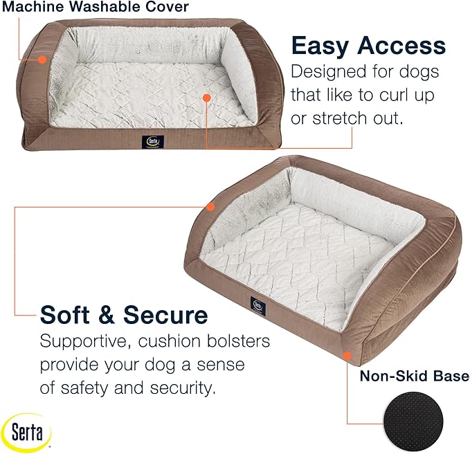 Serta Orthopedic Quilted Couch Dog Bed for Pets – Chocolate Brown (X-Large)