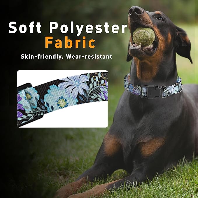 Dog Collar for Boys & Girls, Puppy Collar for Small to Large Dogs, Adjustable Soft Pet Collar with Safety Buckle for Male & Females (Purple Floral, M)