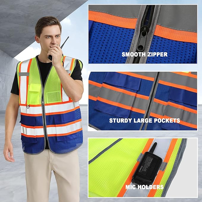 BeautyWill Custom Safety Vest Customized Logo Mesh Vest Class2 High Visibility Reflective Vest with Pockets Blue workwear（Yellow Blue，XL ）