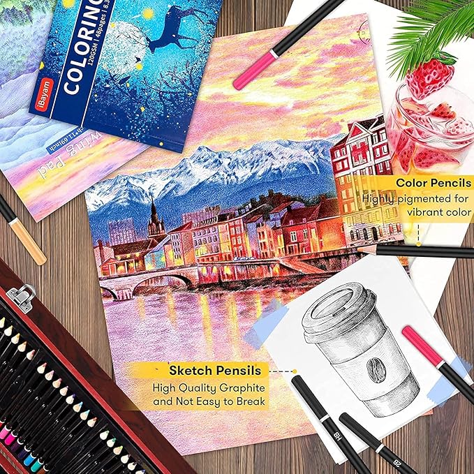 Art Supplies, iBayam 150-Pack Deluxe Wooden Art Set Crafts Drawing Painting Kit with 1 Coloring Book, 2 Sketch Pads, Creative Gift Box for Adults Artist Beginners Kids Girls Boys