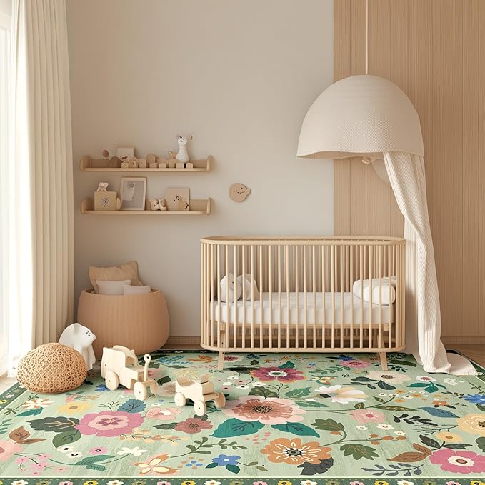 Floral 4x6 Area Rug Machine Washable Soft Print Boho Carpet Non Slip Doormat Low Pile Flower Area Rugs for Living Room Bedroom Nursery Kitchen Dining Room Indoor-Light Green