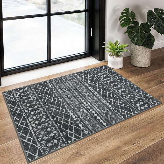 KUTA Washable Non-Slip Rugs for Entryway 2x3, Dark Grey Beige Moroccan Boho