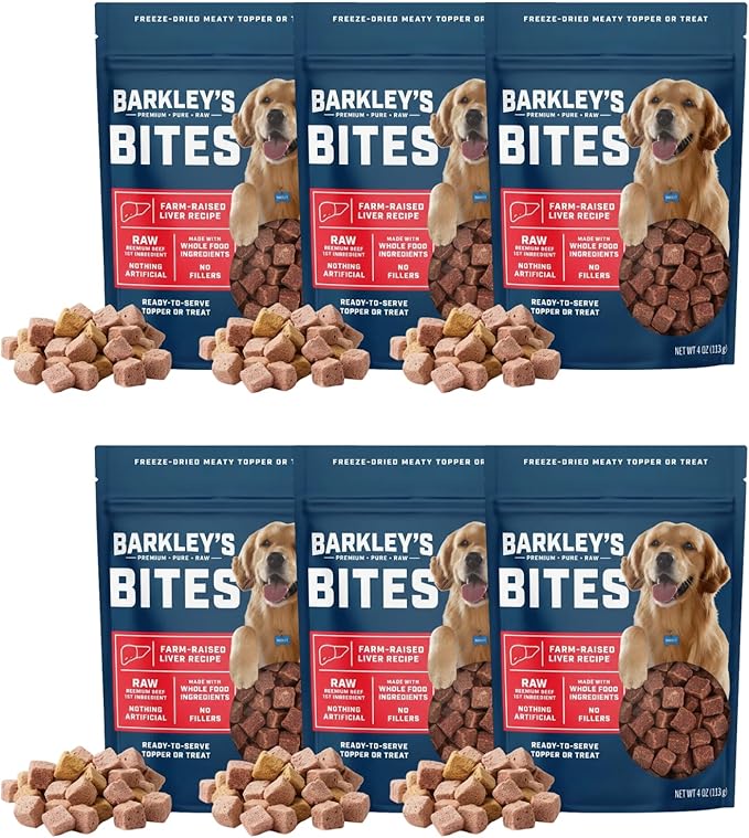 Barkley’s Bag Beef Bites, Freeze Dried Dog Treats & Food Topper, Made w/Beef, Barley, and Quinoa, Small Bite-Sized Pieces for Training Rewards, for All Dog Breeds, Ages & Sizes, 4 Oz Bag (6 Pack)