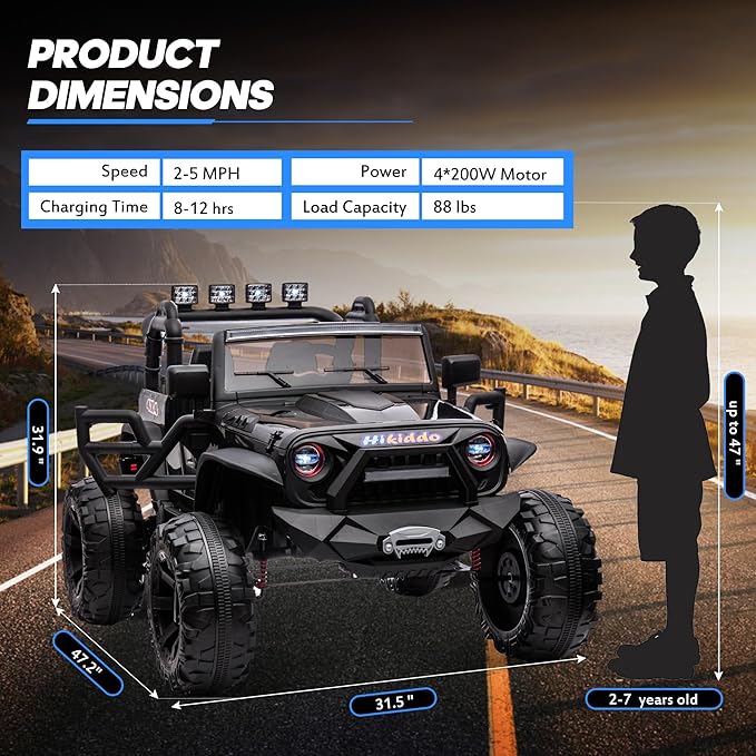 24V 9Ah Ride on Toy for Big Kids, 4WD 2 Seater Ride on Car Truck with Remote Control, 4x200W Motor - Black