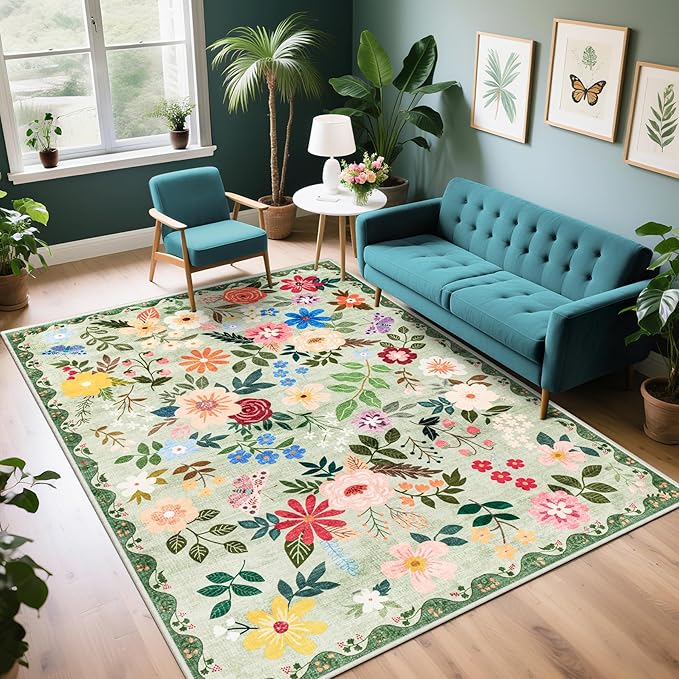 Area Rug Living Room Rugs: Floral 5x7 Washable Rug Vintage Soft Boho Non-Slip Carpet Indoor Stain Resistant Large Carpets for Bedroom Dining Room Farmhouse Nursery Hallway Home Office Green