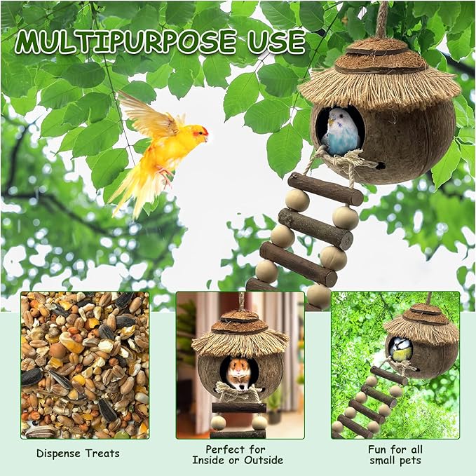 Tfwadmx Hanging Bird House with Ladder Natural Coconut Fiber Birds Nest Coco Shell Hideaway Lovebird Swing Toys Parrot Cage Accessories for Parakeet Finch Parrot Canary