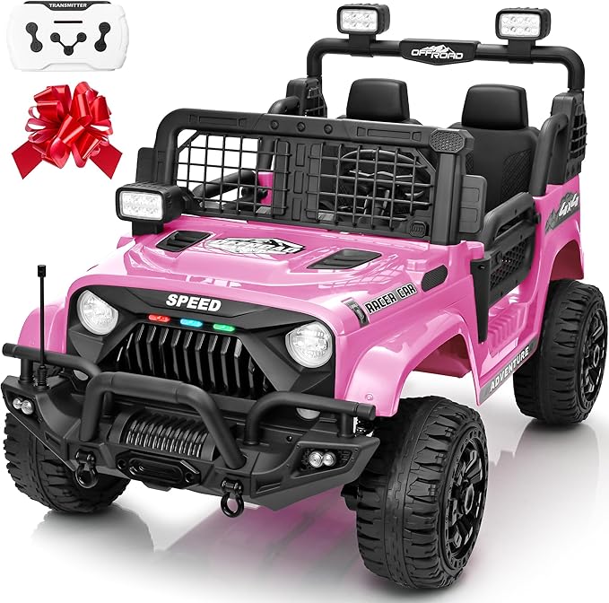 2 Seater Ride On Car Truck with Remote Control XL, Kids 24V Battery Powered Electric Vihicle w/21 in Seat, 3 Speeds, 2WD/4WD Switichable, Shock Absorbers,Bluetooth, Flower, Gift Choice