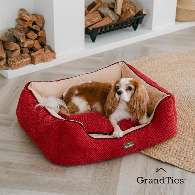 GRANDTIES Fluffy Dog Beds for Small Medium Large Dogs & Cats, Machine Washable Dog Bed, Rectangle Breathable Soft Calming Sleeping Warming Pet Beds with Waterproof & Non-Slip Bottom (M 34", Cherry)