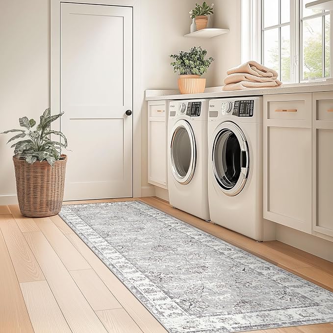 jinchan Hallway Runner Rug 2x8 Machine Washable Runner Rug Grey Vintage Floral Design Non-Slip Ultra-Thin for Kitchen Laundry Room Bedroom Farmhouse (2‘x8',Grey)