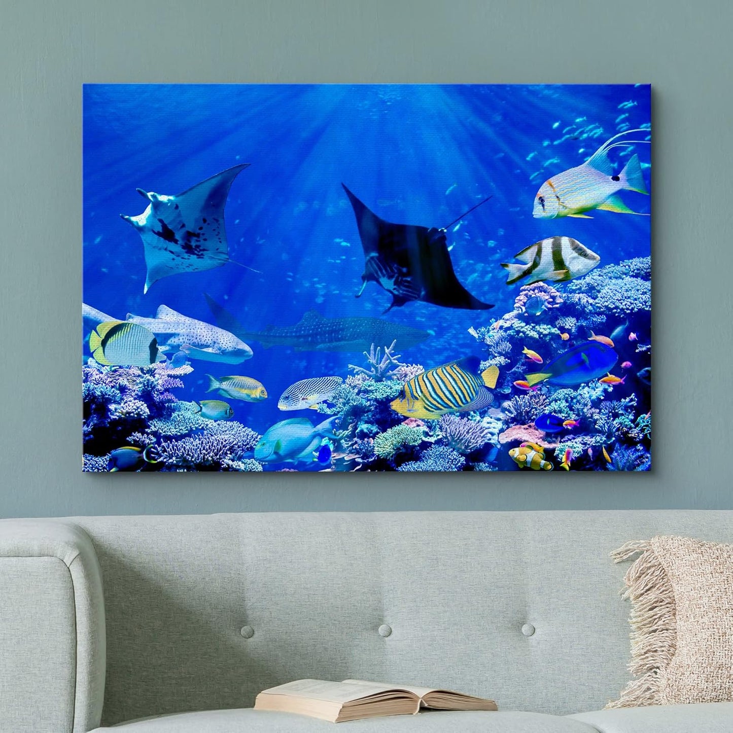wall26 Canvas Print Wall Art Vibrant Sunlight Ray Ocean Shark Fish Reef Nature Animals Photography Realism Rustic Scenic Landscape Wilderness Earth for Living Room, Bedroom, Office - 24"x36"