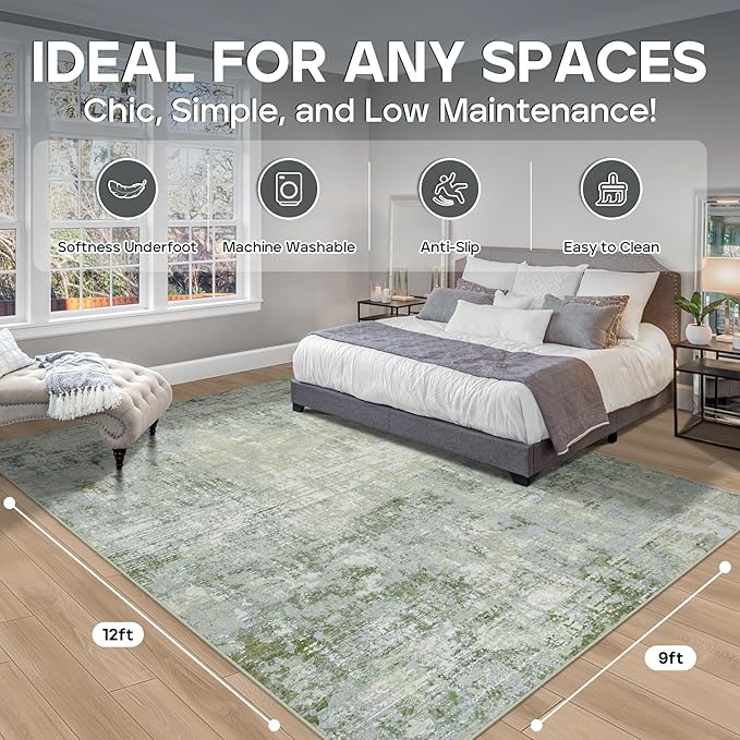 9x12 Area Rugs for Living Room Rug Washable: Modern Large Rug for Dining Room Bedroom Carpet Non Slip 9 by 12 Indoor Abstract Nursery Home Office Green
