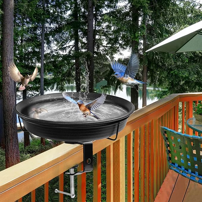AUHOKY Bird Bath Deck Mounted Bowl 11 Inches, Balcony Railing Birdbaths Unheated, Bird Bath Fence Clamp Detachable (Black)