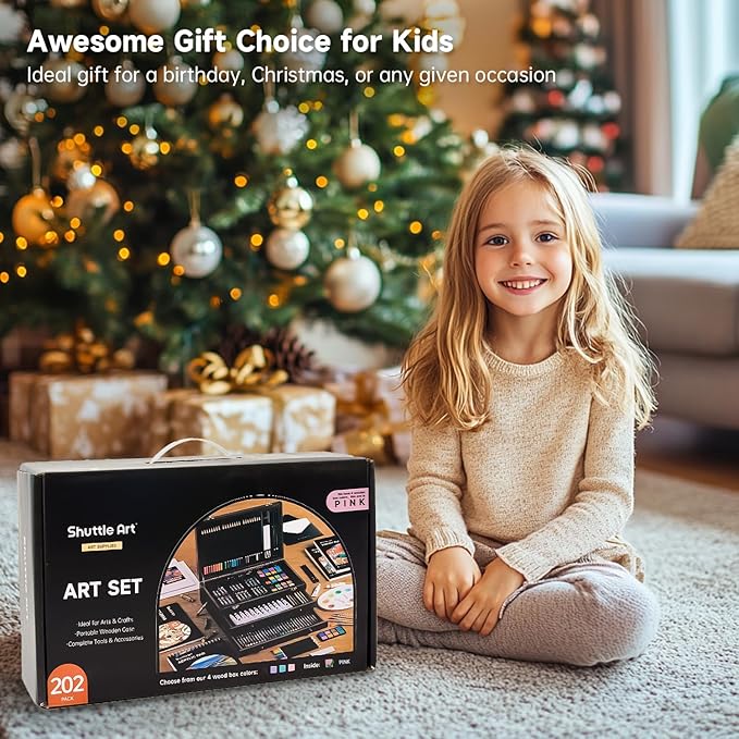 Shuttle Art Deluxe Gift Art Kit, 202-Piece Wooden Art Supplies Set with 4 Drawing Pads, Canvases, Coloring Sheets, Acrylic Paint, Crayons, Oil Pastels, Colored Pencils for Kids