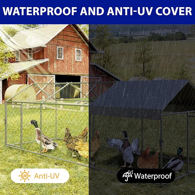 Metal Chicken Coop Run,Outdoor Walk-in Cage Peak Hen House with Waterproof and Anti-Uv Cover,Spire Roof Hen House with Security Lock for Outdoor,Backyard and Farm, 9.8 x 3.3 x 3.3 ft